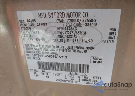 2005 Ford F-150 Fx4/Lariat/Xlt из США, поврежденный, VIN 1FTPW14585FB15913